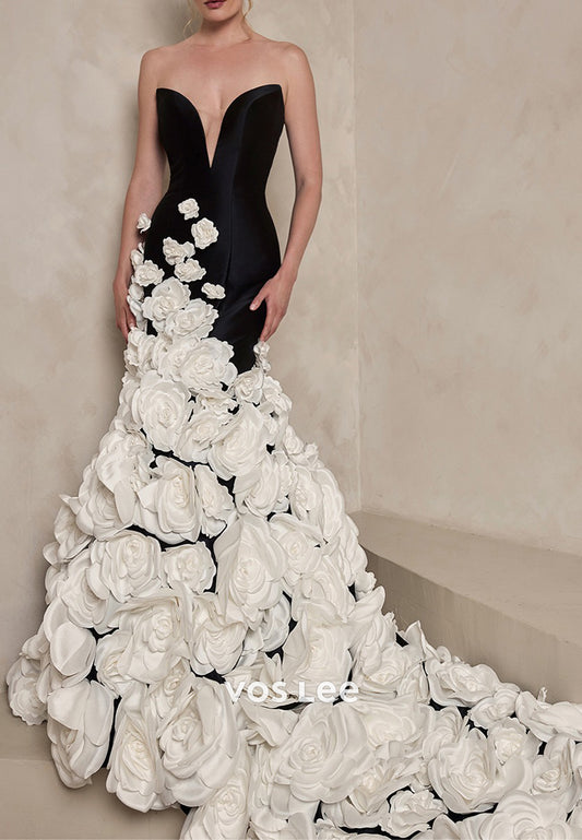 Sexy & Hot Strapless V Neck Floral Appliqued Mermaid Evening Dresses with Court Train