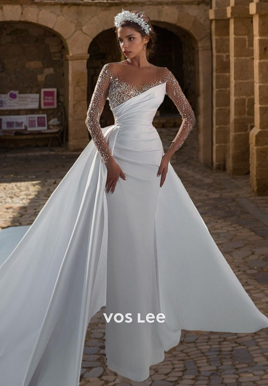 Dreamy Beads Full Sleeves Bride Dress Satin Floor Length Long Train Wedding Dresses