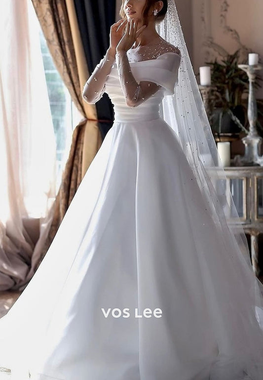 A-Line Long Sleeve Off the Shoulder Rhinestone Wedding Dresses with Court Train