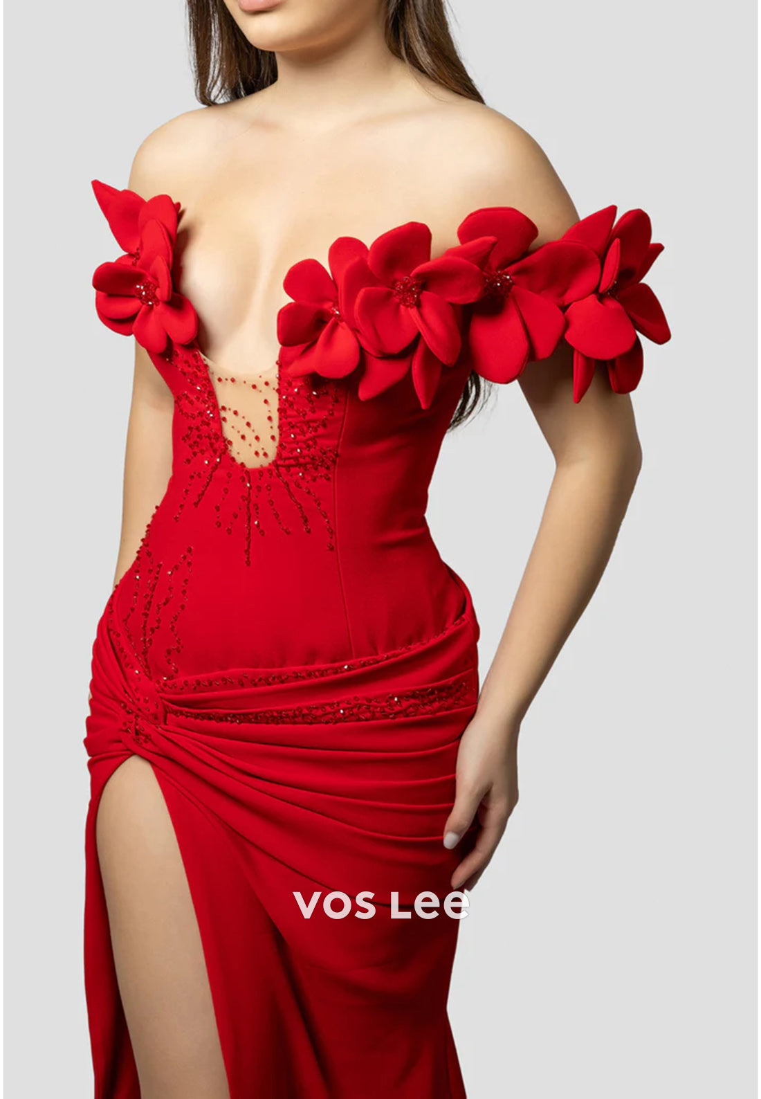 Sexy & Hot One Shoulder Floral Embossed Pleated Evening Dresses with Sweep Train