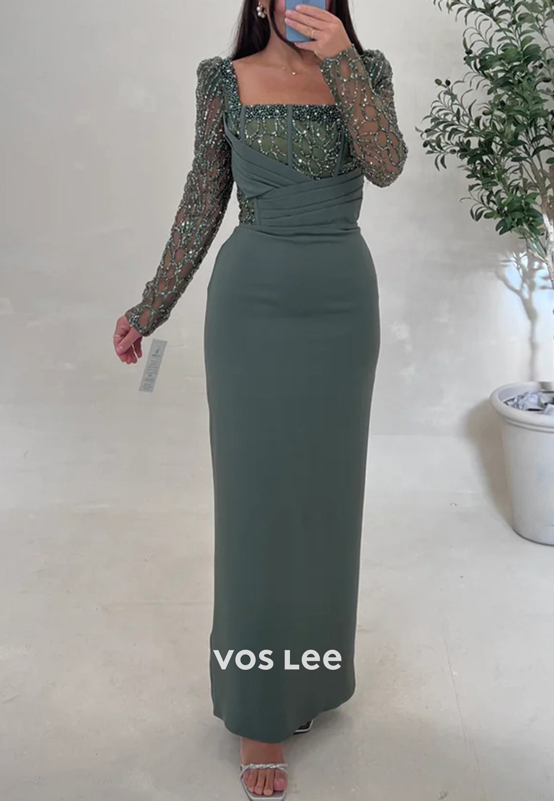 Classic & Timeless Long Sleeve Square Beaded Ankle-Length Mermaid Evening Dresses