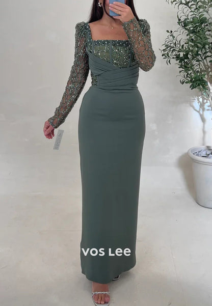 Classic & Timeless Long Sleeve Square Beaded Ankle-Length Mermaid Evening Dresses