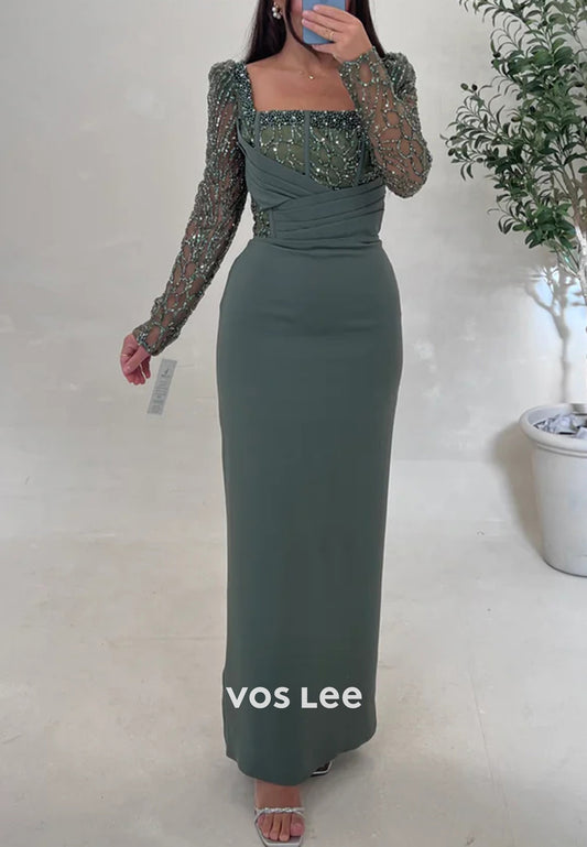 Classic & Timeless Long Sleeve Square Beaded Ankle-Length Mermaid Evening Dresses
