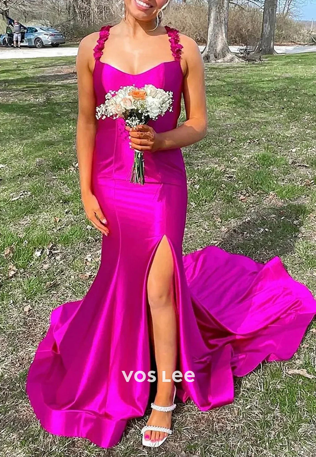 Elegant & Luxurious Spaghetti Straps Split Pleated Mermaid Prom Dresses with Court Train