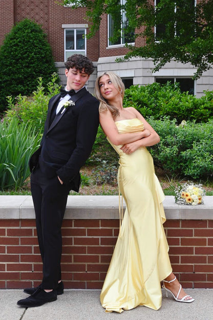 Strapless Yellow Slit Ruffle Long Dress Prom Dress