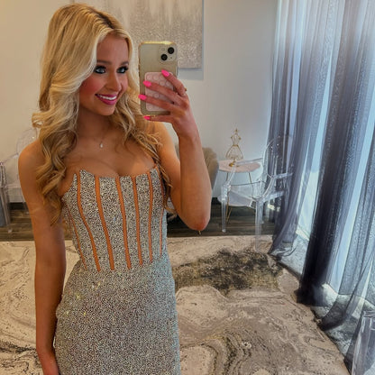 Bling Sheath Strapless Silver Sequins Short Homecoming Dress with Beading