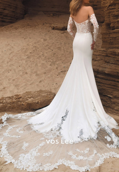 White & Ivory Long Sleeve Sequins Appliques Lace Mermaid Beach Wedding Dresses
