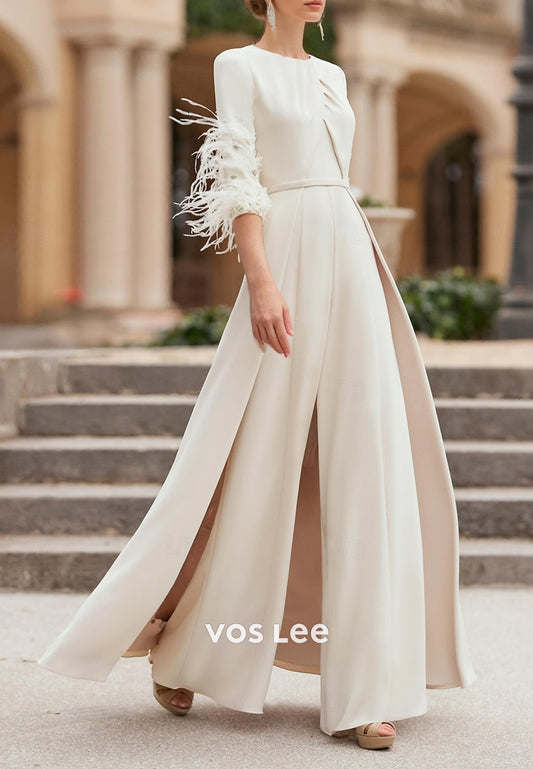 Half Sleeve Feather Scoop Pleated Mother of Bride Jumpsuit Dresses