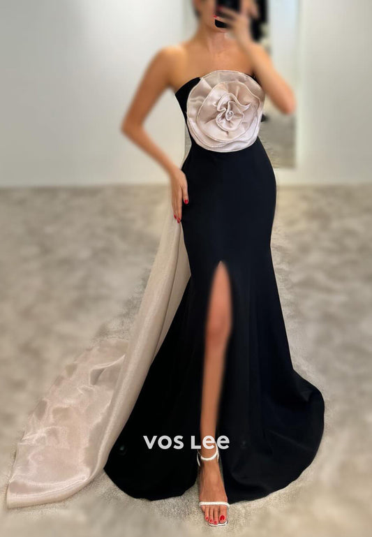 Elegant & Luxurious Strapless Split Pleated Mermaid Prom Dresses with Sweep Train