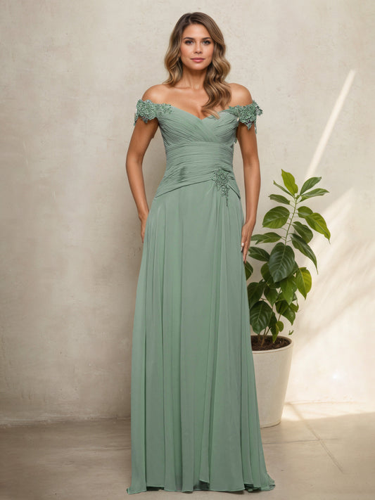 Off The Shoulder Dusty Sage Pleats Mother Of The Bride Dress
