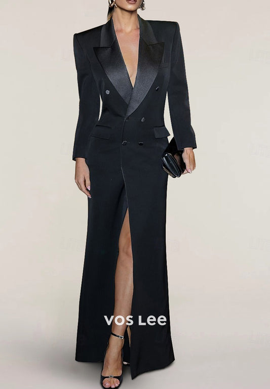 A-Line Long Sleeve V Neck Floor-Length Pleated Wedding Guest Dresses with High Split