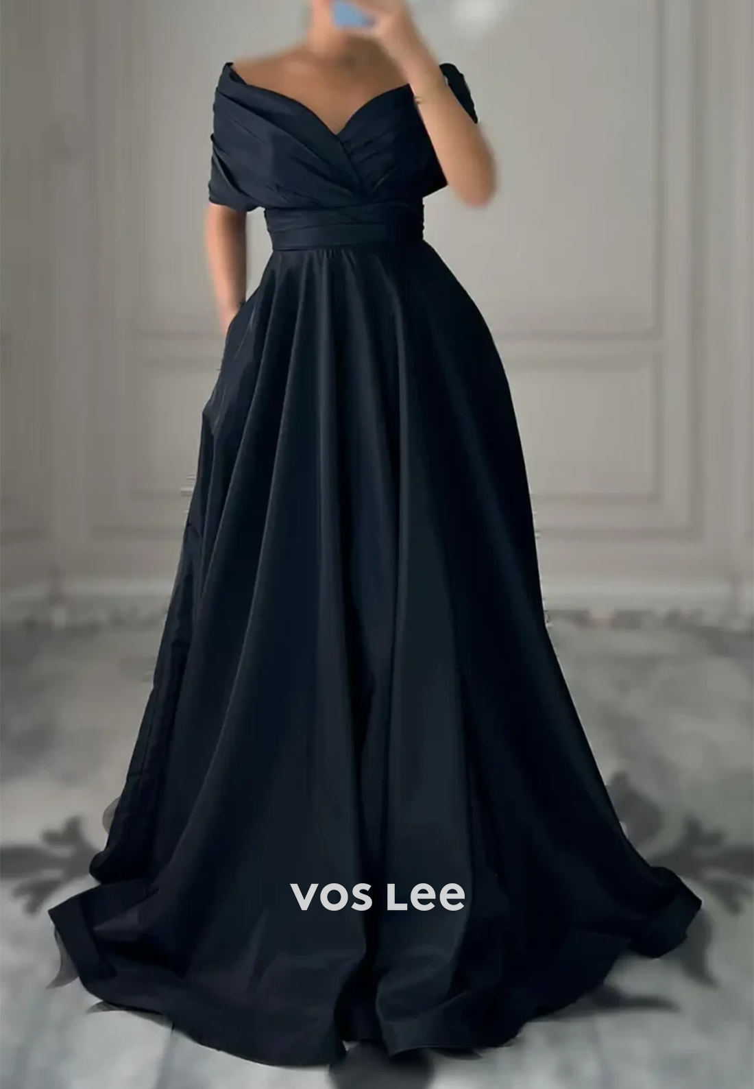 Couture & Ornate  A-Line Off-Shoulder Pleated Evening Dresses with Brush Train