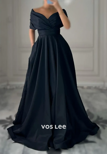 Couture & Ornate  A-Line Off-Shoulder Pleated Evening Dresses with Brush Train