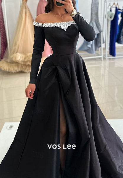 A-Line Long Sleeve Off the Shoulder Pearl Embellished Evening Dresses with Court Train
