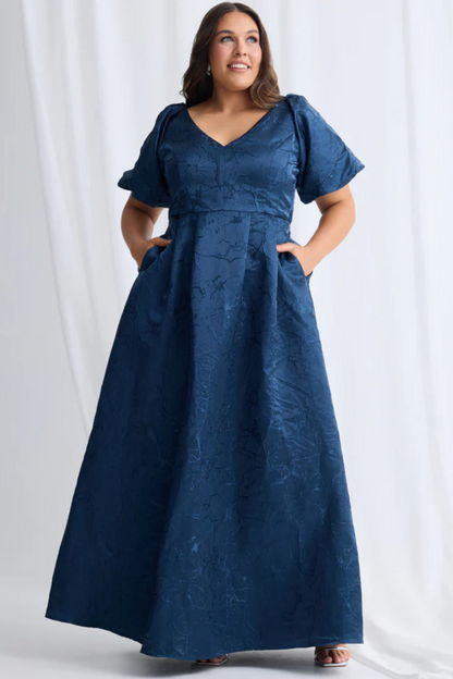 A-line V-Neck line Puff Sleeves Maxi Dress
