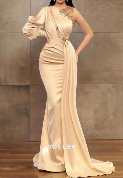 Long Sleeve Asymmetrical Neck Pleated Mermaid Evening Dresses with Sweep Train