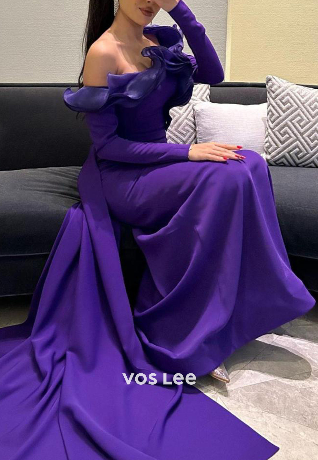 Long Sleeve One Shoulder Ruched Mermaid Evening Dresses with Sweep Train