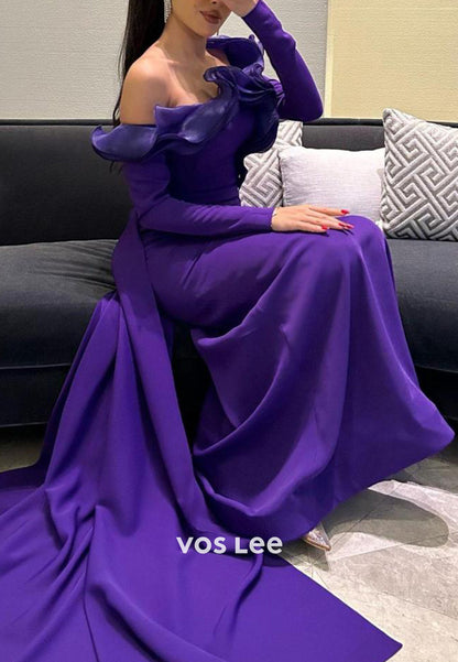 Long Sleeve One Shoulder Ruched Mermaid Evening Dresses with Sweep Train