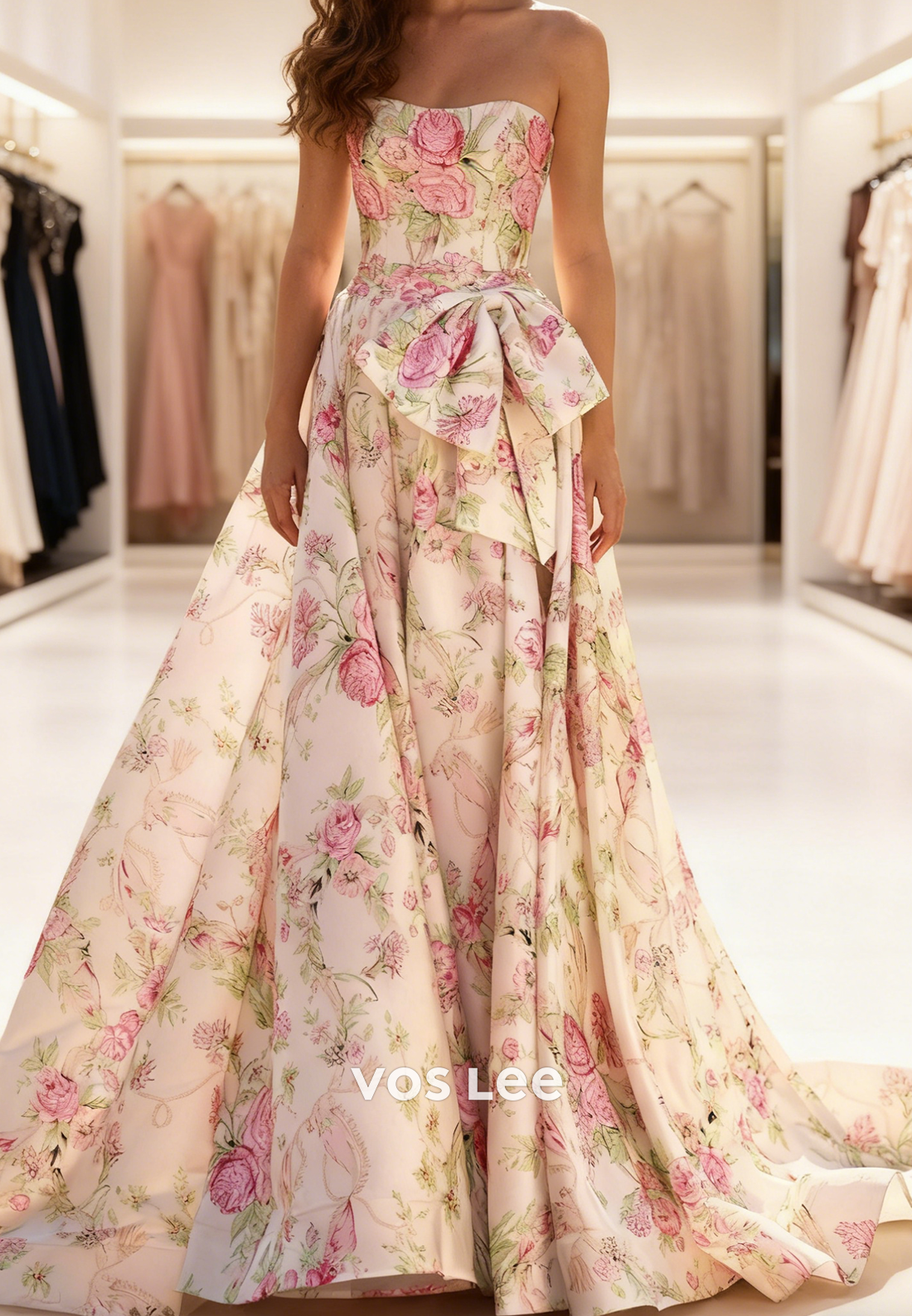 Flower Print Sweetheart A-line Long Prom Dresse With Bow