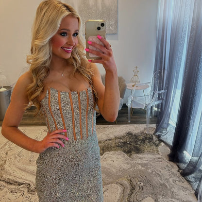 Bling Sheath Strapless Silver Sequins Short Homecoming Dress with Beading