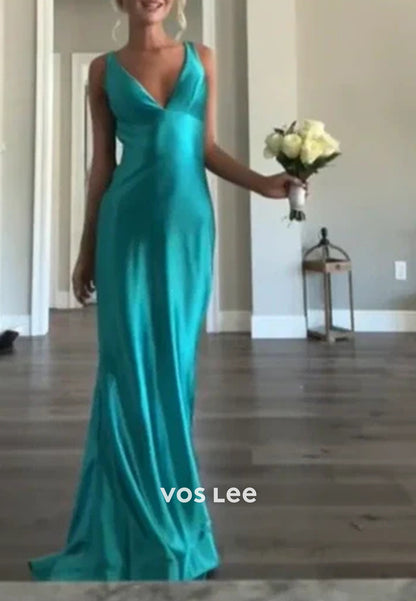 Simple & Casual Regular Straps V Neck Sheath Long Prom Dresses with Sweep Train
