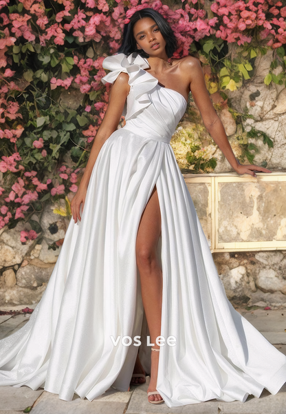 A-Line One Shoulder Pleated Satin Wedding Dress with High Slit