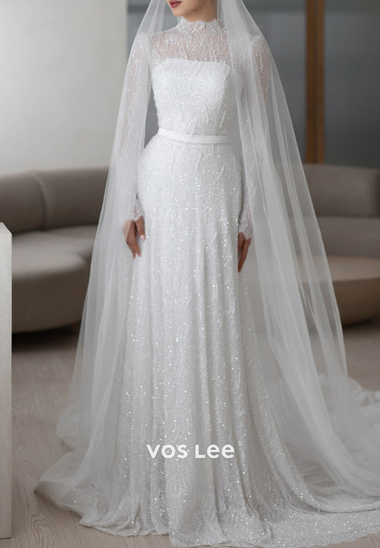 Long Sleeve Illusion Neck High Neck Appliques Sequins Sheath Wedding Dresses