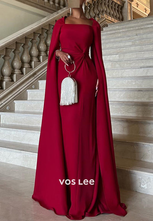 Elegant & Luxurious Long Sleeve Square Floor-Length Pleated Mermaid Evening Dresses