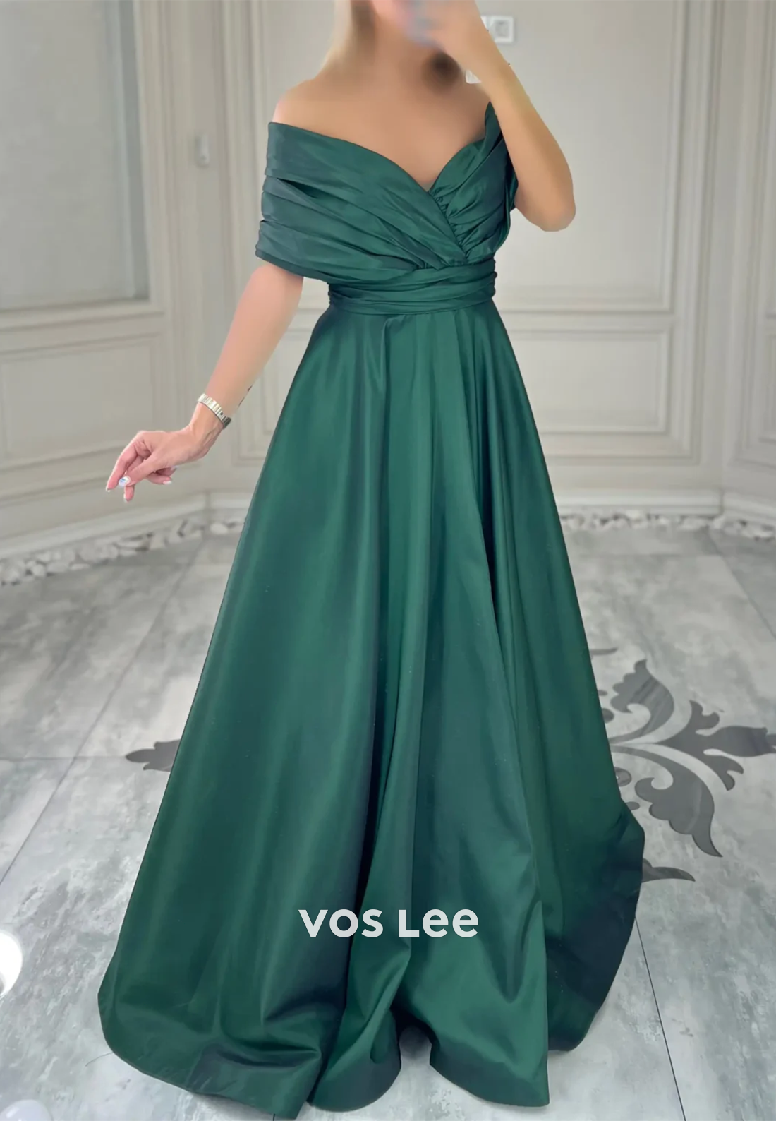 Couture & Ornate  A-Line Off-Shoulder Pleated Evening Dresses with Brush Train