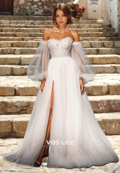 A-Line Sweetheart  Long Sleeves Tulle Wedding Dress/Beach Wedding Dress