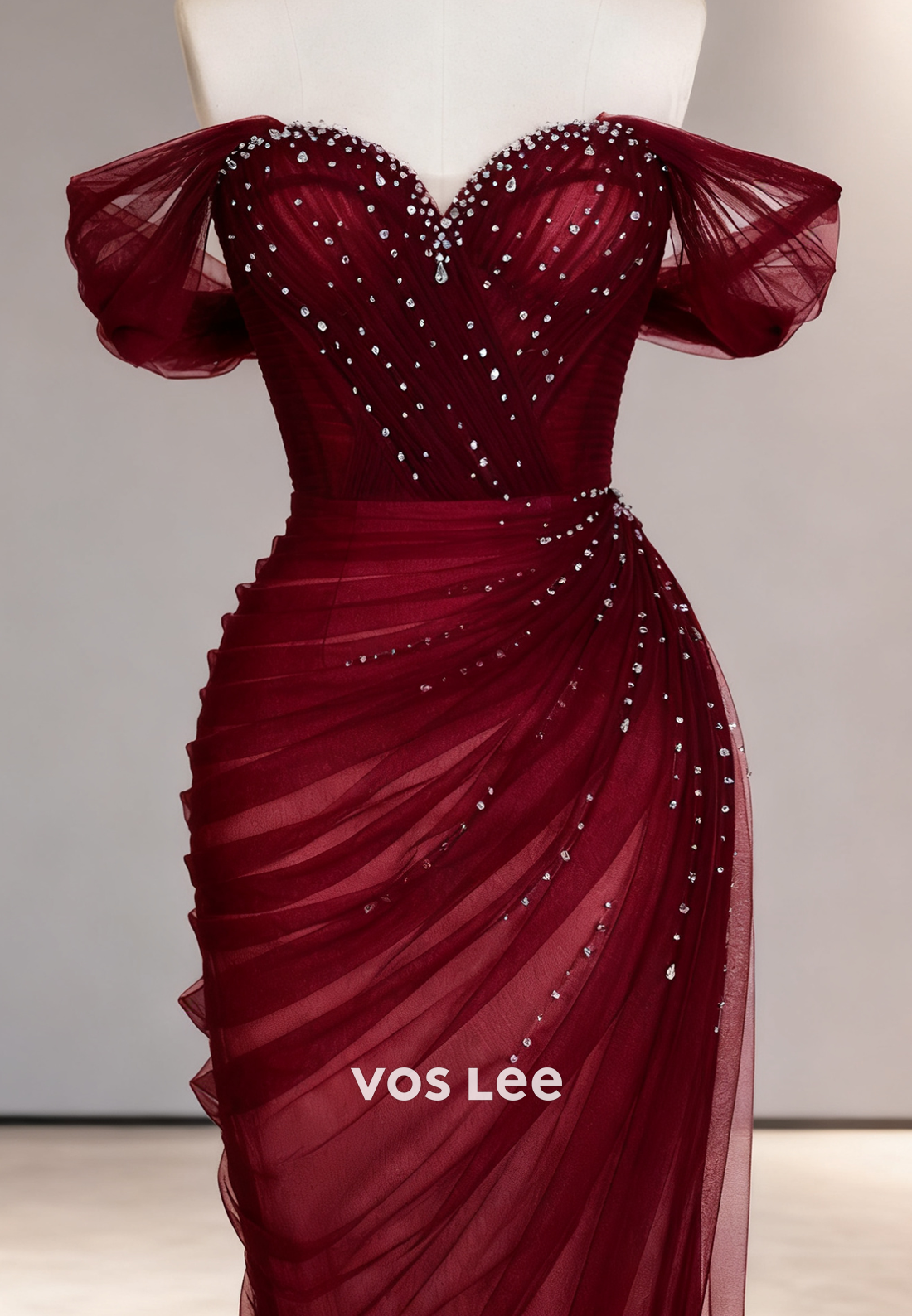 Off the Shoulder Crystals Pleat Evening Gowns