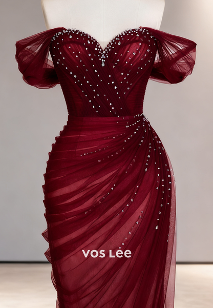 Off the Shoulder Crystals Pleat Evening Gowns