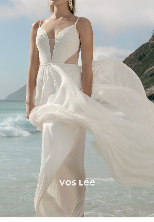 Simple & Casual A-Line Spaghetti Straps V Neck Pearls Pleated Beach Wedding Dresses