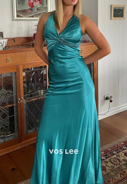 Simple V Neck Bowknot Pleated Floor-Length Crisscross Back Sheath Prom Dresses