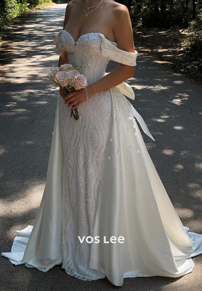 Off the Shoulder Beaded Mermaid Wedding Dresses with Bowknot