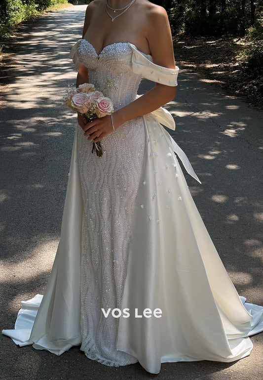 Off the Shoulder Beaded Mermaid Wedding Dresses with Bowknot