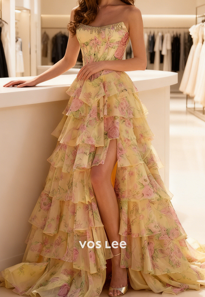 Sweetheart Bead Crystals Flower Print Tiered A-line Long Prom Dresse With Split