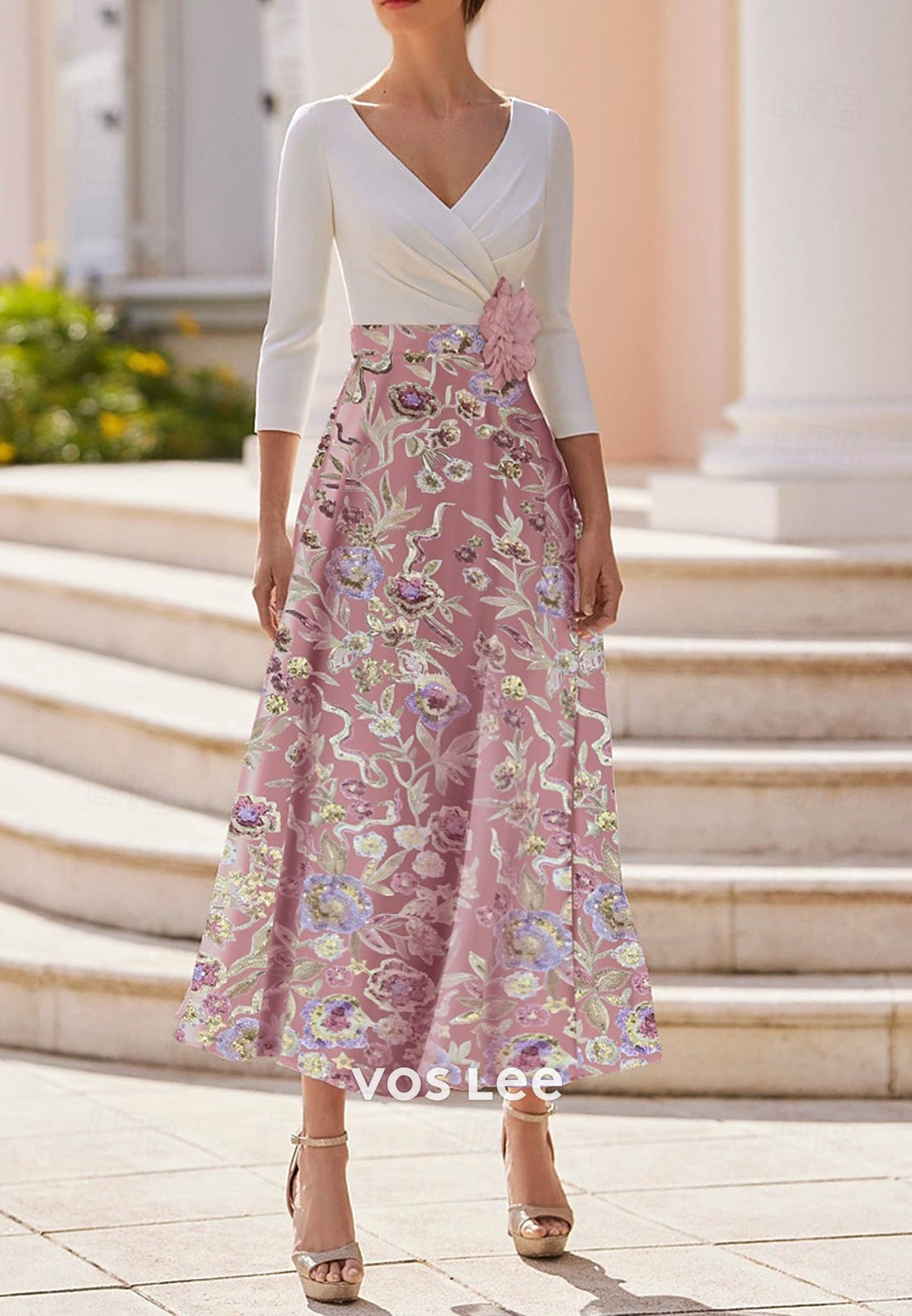 A-Line V Neck Half Sleeve Appliques Embellished Pleated Evening Dresses