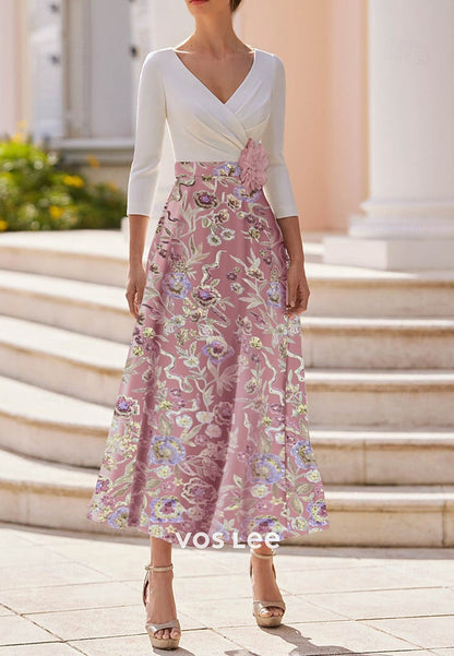 A-Line V Neck Half Sleeve Appliques Embellished Pleated Evening Dresses