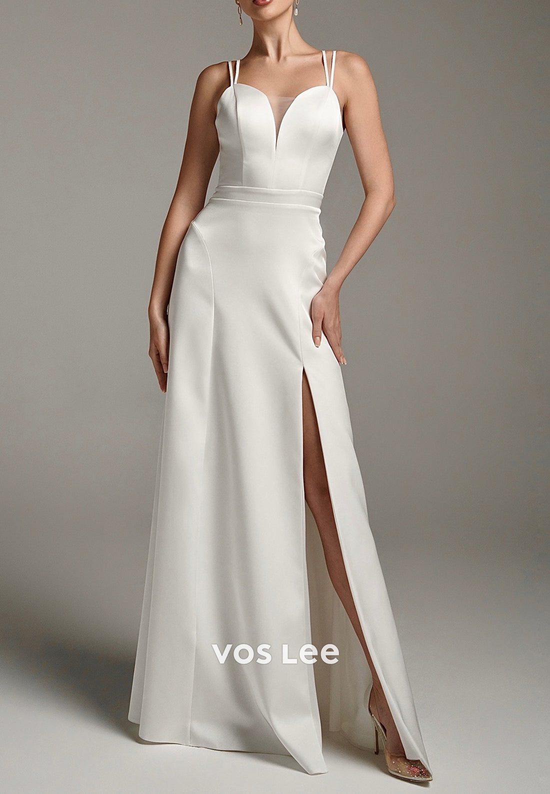Classic Spaghetti Straps Sweetheart Satin Sheath Prom Dresses with High Split