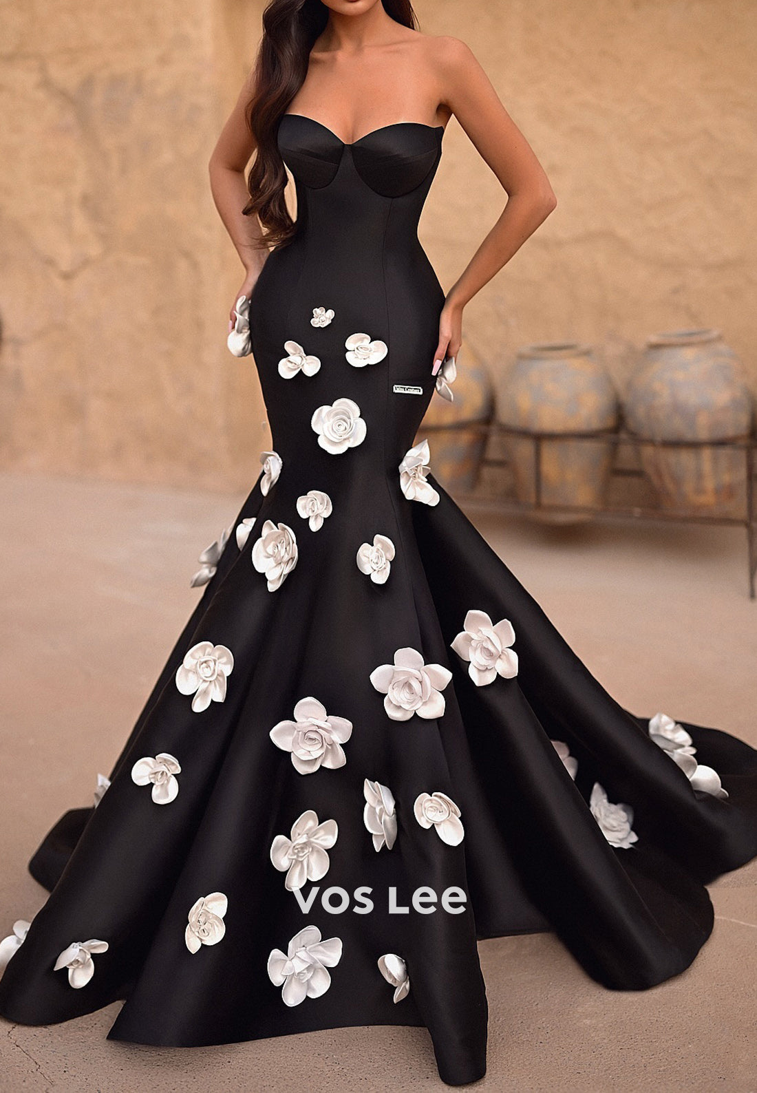 Black Strapless Sweetheart Floral Embellished Mermaid Evening Dresses with Court Train