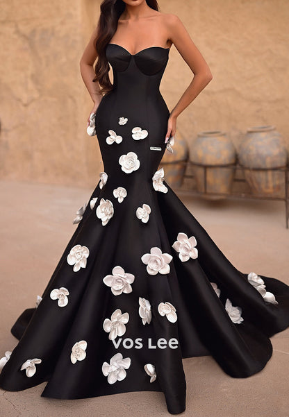 Black Strapless Sweetheart Floral Embellished Mermaid Evening Dresses with Court Train
