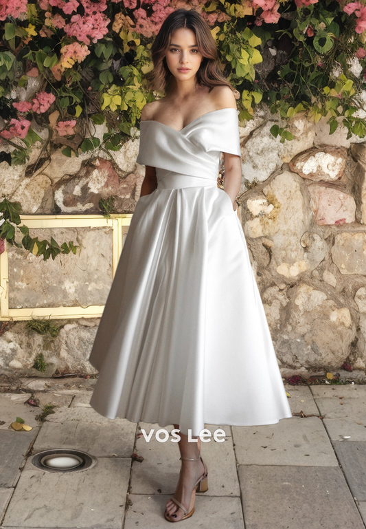 Short A-Line Off Shoulder Tea-Length Satin Wedding Dress with Pockets