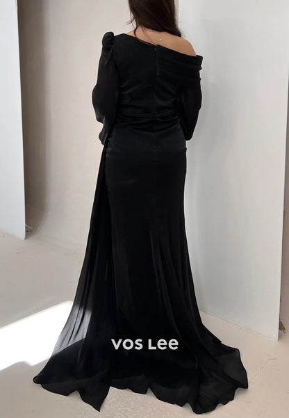 A-Line Long Sleeve Asymmetrical Neck Rhinestone Ruched Evening Dresses with Sweep Train