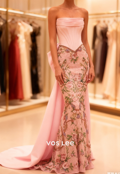 Pink Strapless Embroidery Floor-Length Column Prom Dress With Bowknot