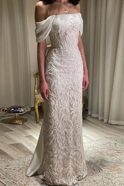 Elegant Ivory Sequin Off Shoulder Embroidered Evening Dress