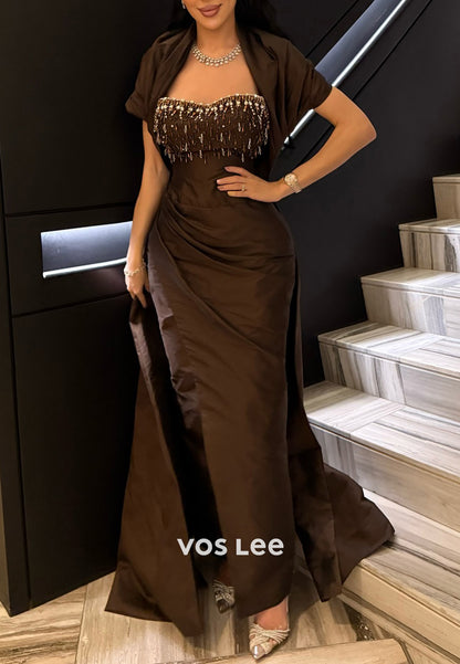 Short Sleeve Sweetheart Rhinestone Embellished Pleated Mermaid Evening Dresses