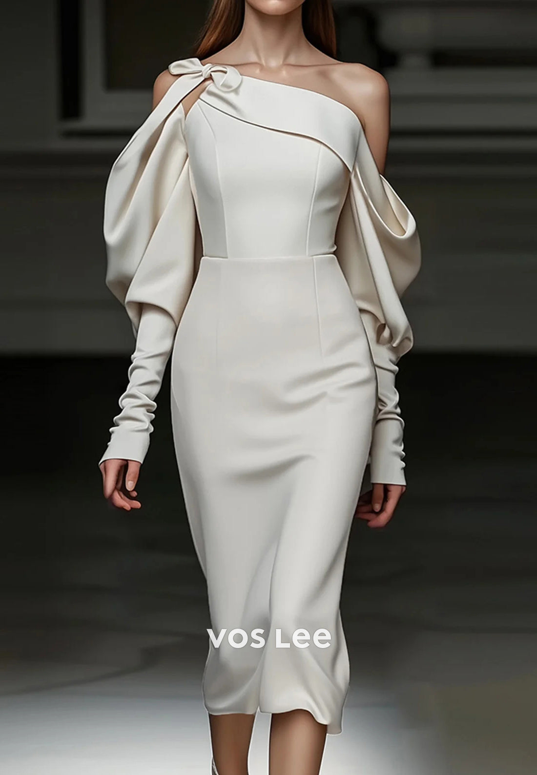 Long Sleeve One Shoulder Bowknot Tea-Length Pleated Sheath Wedding Guest Dresses