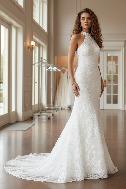 White Halter Trumpet/Mermaid Sleveless Sheath Lace Wedding Dress