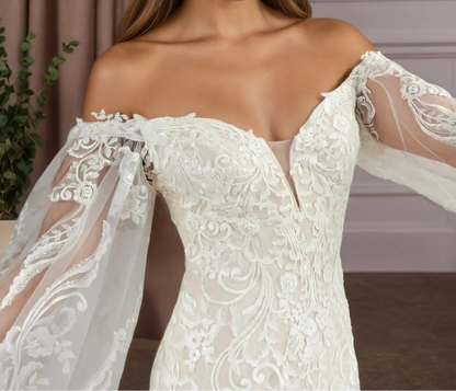 Off the Shoulder White Champagne Mermaid V-Neck Sequins Lace Wedding Dress